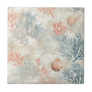Lux Watercolor Coastal Coral & Ocean Waves (6) Tile