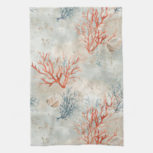 Lux Watercolor Coastal Coral & Ocean Waves (7) Tea Towel
