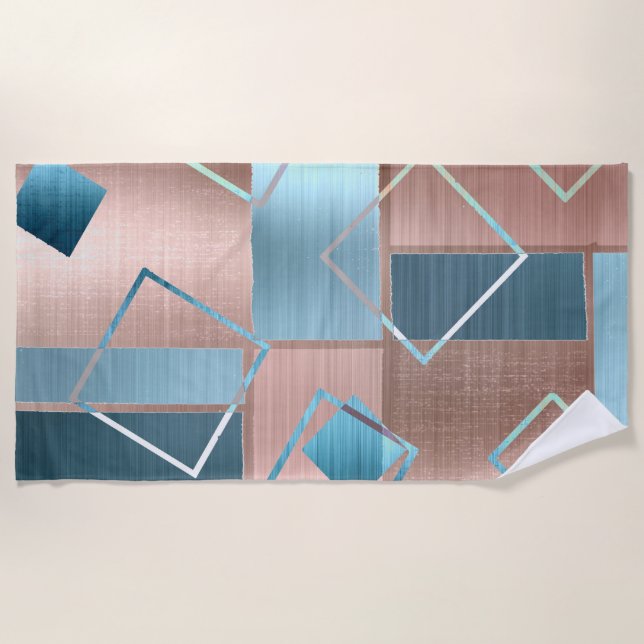 Luxe Abstract | Blush Rose Gold and Teal Geometric Beach Towel (Front)