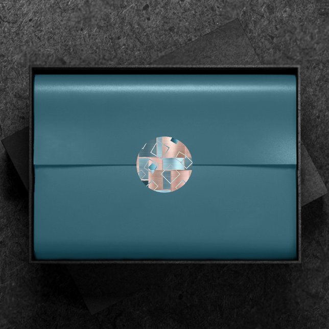 Luxe Abstract | Blush Rose Gold and Teal Geometric Classic Round Sticker (Creator Uploaded)