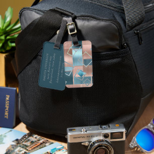 Luxe Abstract Blush Rose Gold and Teal Geometric Luggage Tag