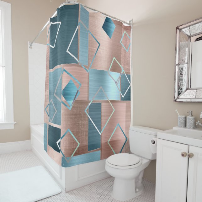 Luxe Abstract | Blush Rose Gold and Teal Geometric Shower Curtain (In Situ)