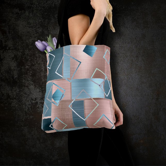 Luxe Abstract | Blush Rose Gold and Teal Geometric Tote Bag (Creator Uploaded)