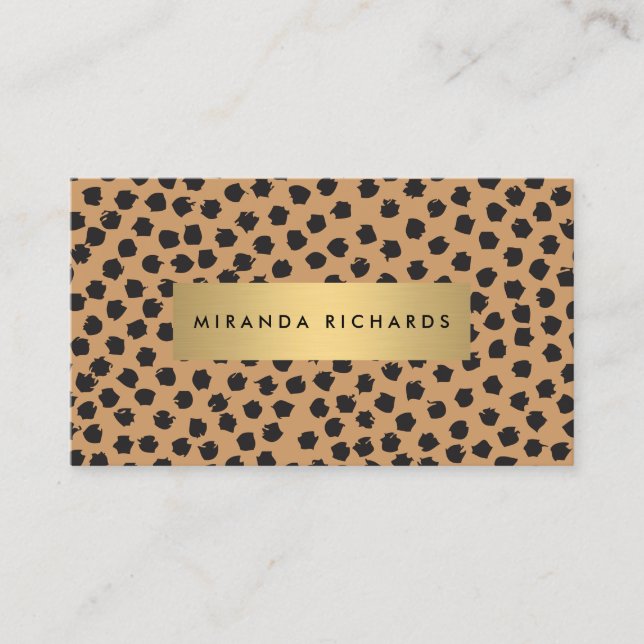 Luxe Animal Print Confetti Dots with Gold Bar Business Card (Front)