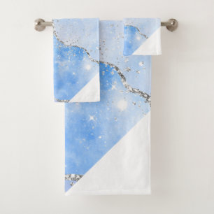 LUXE AQUA BLUE SPARKLE MARBLE CUSTOM ANGLE  BATH TOWEL SET
