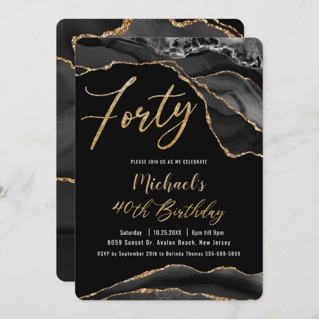 Luxe Black Agate Marble Gold Glitter 40th Birthday Invitation (Front/Back)