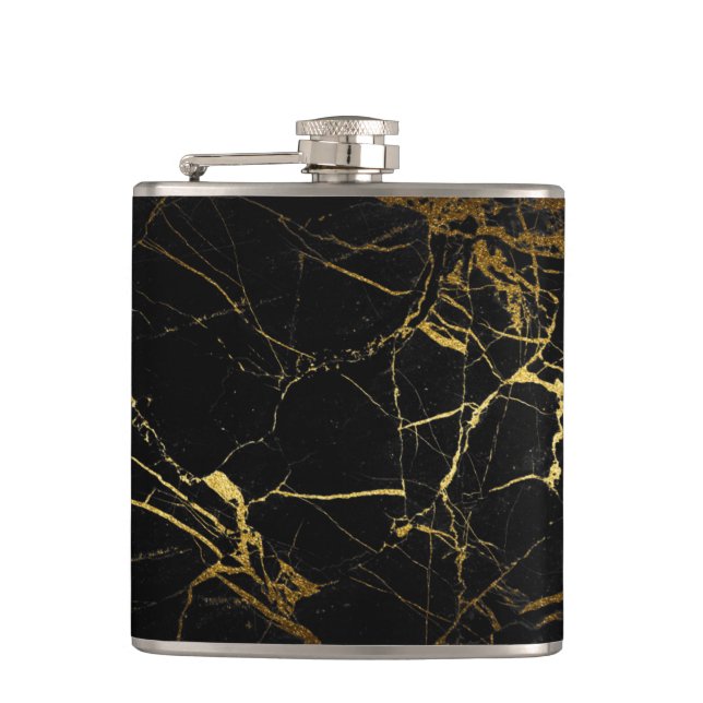 Luxe Black and Gold Marble Texture Hip Flask (Front)