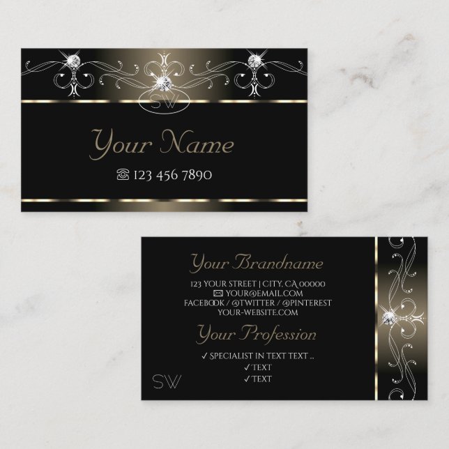 Luxe Black Beige Squiggles Sparkle Jewels Monogram Business Card (Front/Back)
