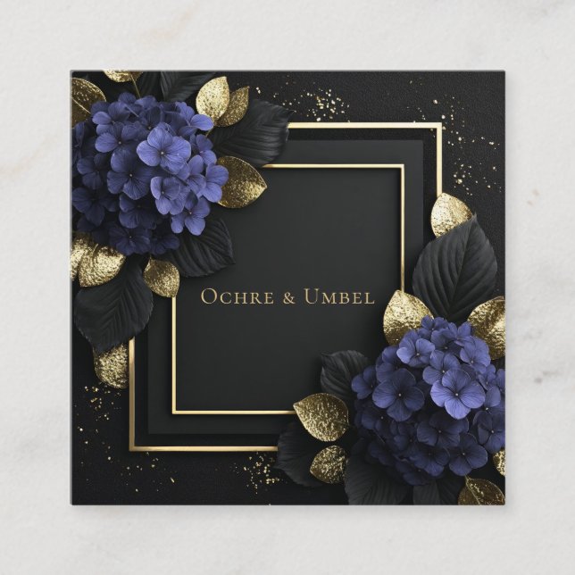 Luxe Black Gold and Blue Floral Square Business Card (Front)