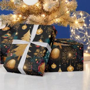 Luxe Black Gold Christmas Tree Botanical Wrapping Paper