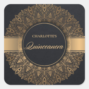 LUXE BLACK GOLD CLASSIC ORNATE MANDALA QUINCEANERA SQUARE STICKER