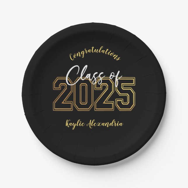 Luxe Black & Gold Graduation Party Plates (Front)
