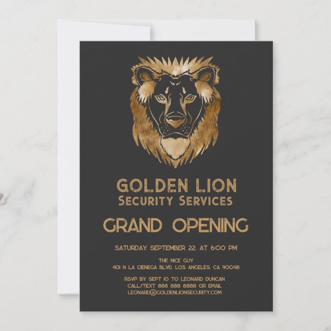 Luxe Black Gold Lion Business Logo Grand Opening Invitation (Front)