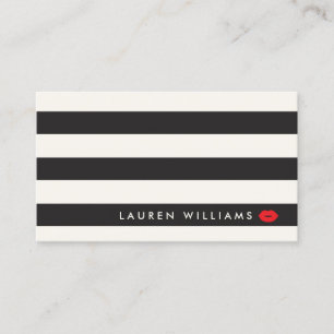 Luxe Black/Ivory Stripes Red Lips Makeup Artist Business Card