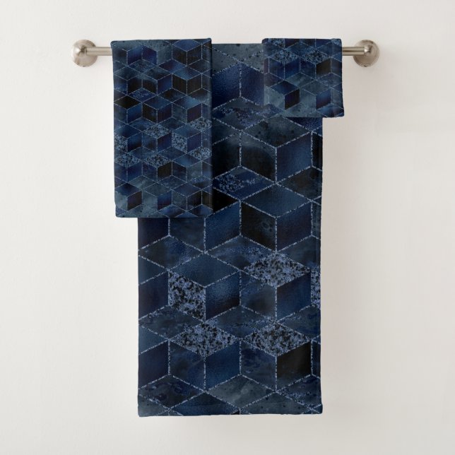 LUXE BLUE GEOMETRIC BLOCK DESIGN BATHROOM TOWEL (Insitu)