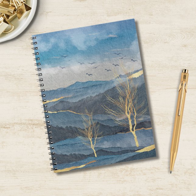 Luxe Blue Gold Mountains Trees Birds Sky Landscape Notebook (Creator Uploaded)