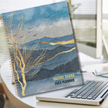 Luxe Blue Gold Watercolor Mountain