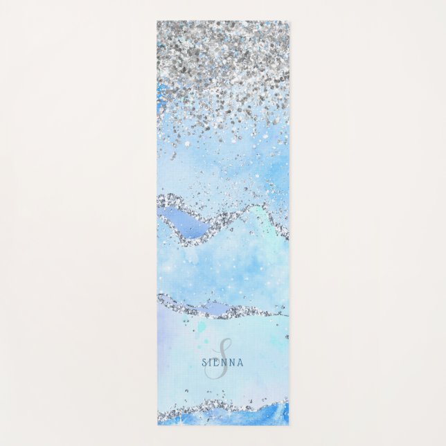 Luxe Blue Marble & Silver Glitter w/Name-Monogram Yoga Mat (Front)
