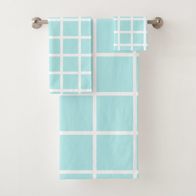 LUXE BLUE WHITE SPOT  GRID BATH TOWEL SET (Insitu)