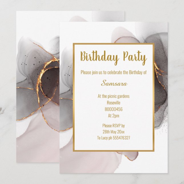 LUXE BLUSH BLACK CHIFFON BIRTHDAY INVITATION (Front/Back)