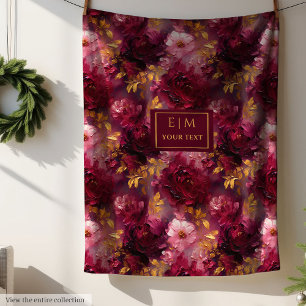 Luxe Blush Burgundy Gold Personalised Boho Floral  Fleece Blanket