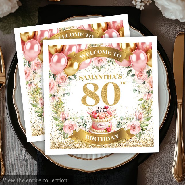 Luxe Blush Flowers 80th Birthday Paper Napkins (Luxe Blush Flowers 80th Birthday Paper Napkins)