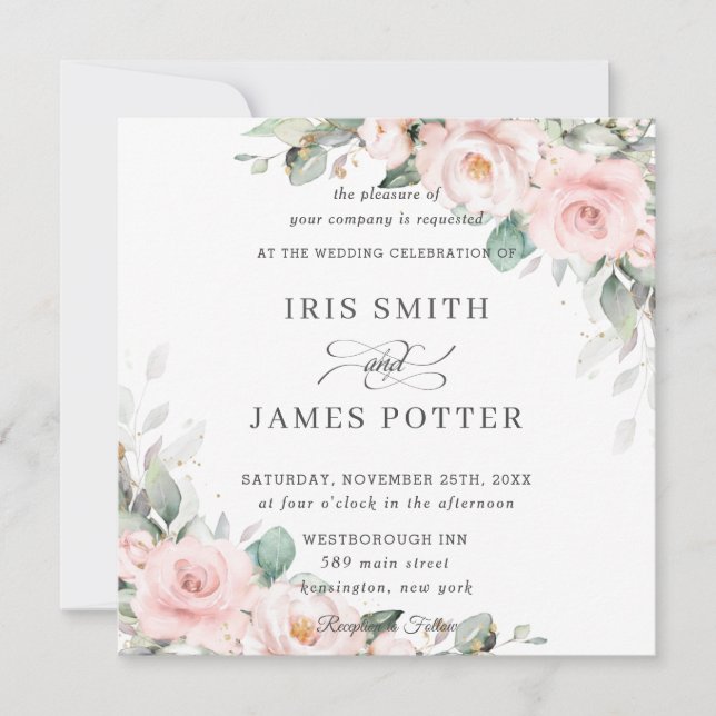 Luxe Blush Pink Floral Greenery Wedding Square  Invitation (Front)