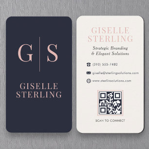 Luxe Blush Pink Monogram Navy Blue QR Code Business Card