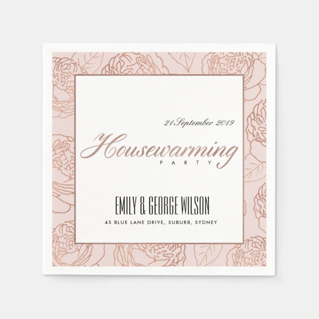 LUXE BLUSH PINK ROSE GOLD FLORAL HOUSEWARMING NAPKIN (Front)