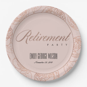 LUXE BLUSH PINK ROSE GOLD FLORAL RETIREMENT PAPER PLATE