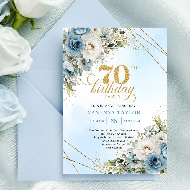 Luxe bohemian blue florals gold 70th birthday invitation (Luxe bohemian blue florals gold 70th birthday invite

)