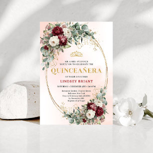 Luxe Bohemian Burgundy Peonies Quinceañera Invites