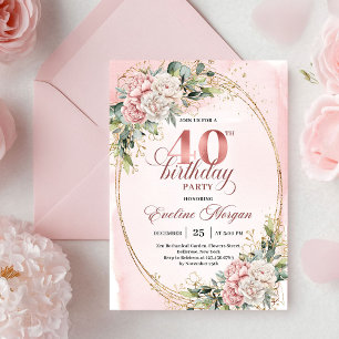 Luxe Bohemian Pastel Pink Floral 40th Birthday  Invitation