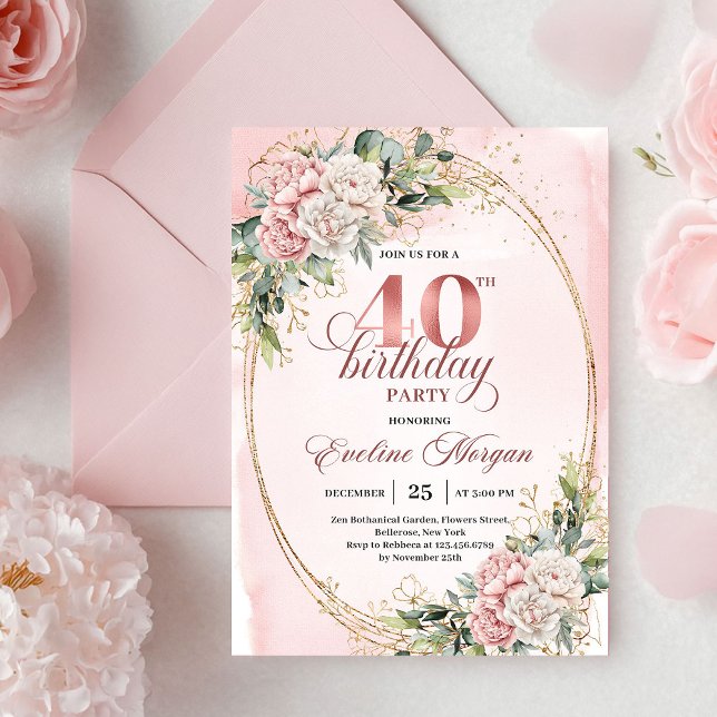 Luxe Bohemian Pastel Pink Floral 40th Birthday  Invitation (Luxe Bohemian Pastel Pink Floral 40th Birthday Invitation)