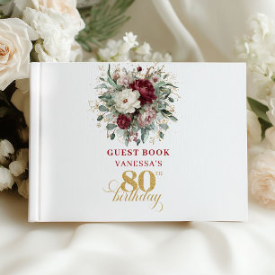 Luxe Boho Burgundy Floral 80th Birthday Guest Book