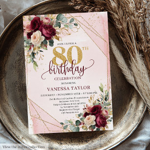 Luxe Boho Burgundy Gold Roses 80th Birthday Invite