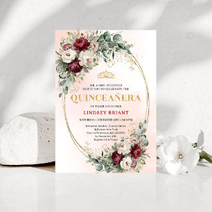 Luxe Boho Deep Red Peonies Eucalyptus Quinceañera Invitation