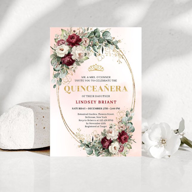 Luxe Boho Deep Red Peonies Eucalyptus Quinceañera Invitation (Luxe Deep Red Peonies Eucalyptus Quinceañera Invite)