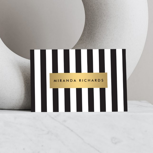 Luxe Bold Black and White Stripes with Gold Bar Business Card (Creator Uploaded)