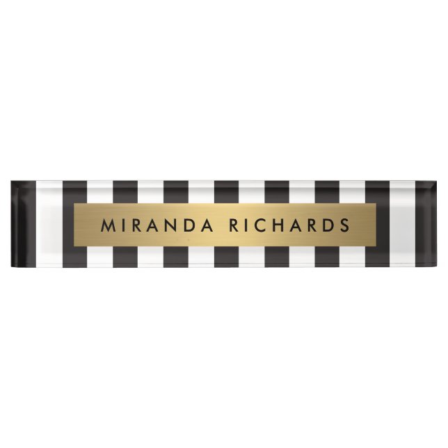 Luxe Bold Black and White Stripes with Gold Bar Nameplate (Front)