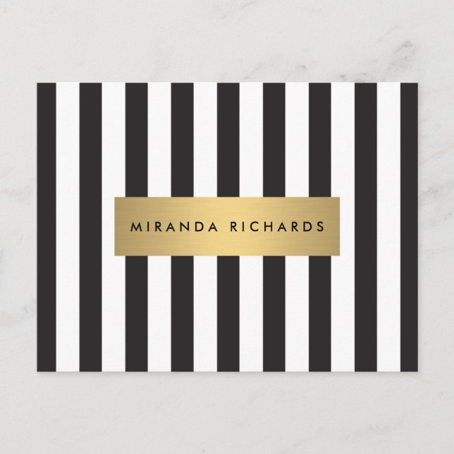 Luxe Bold Black and White Stripes with Gold Bar Postcard (Front)