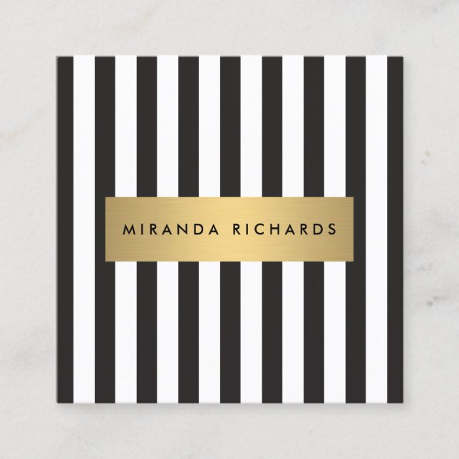 Luxe Bold Black and White Stripes with Gold Bar Square Business Card (Front)