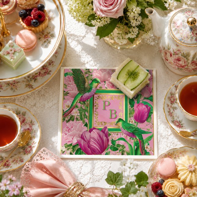 Luxe Botanical Tea Party Cocktail Napkin (Beautiful Botanical Pink and Green Party Napkins )