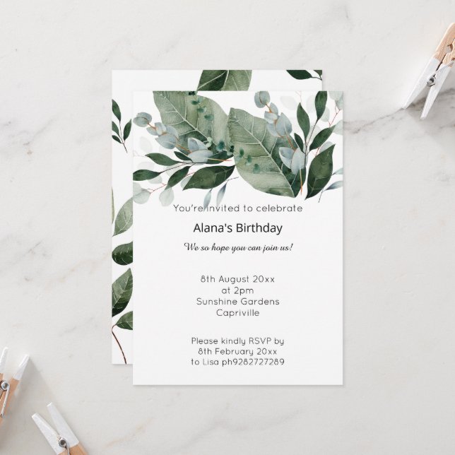 LUXE BOTANICAL WHITE SAGE BIRTHDAY INVITATION (Front/Back In Situ)