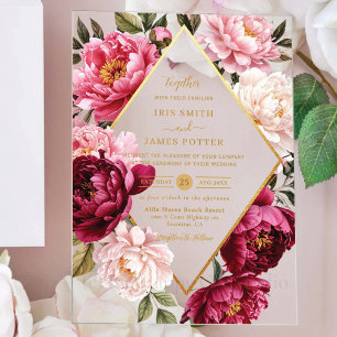 Luxe Burgundy and Blush Pink Peony Floral Wedding Acrylic Invitations
