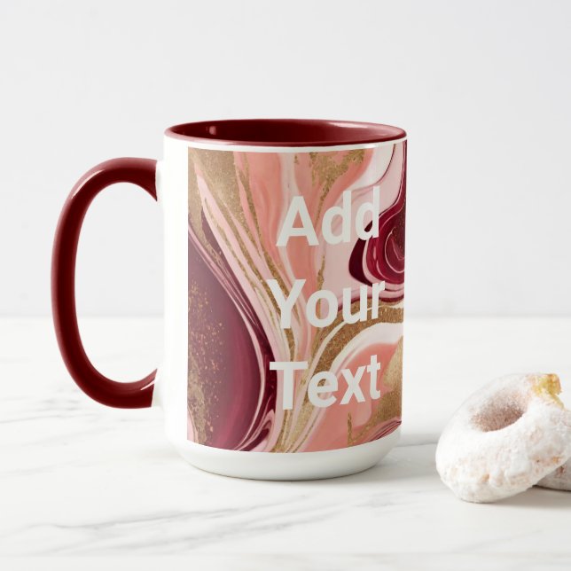 Luxe Burgundy Gold Swirls Custom Text Maroon  Mug (With Donut)