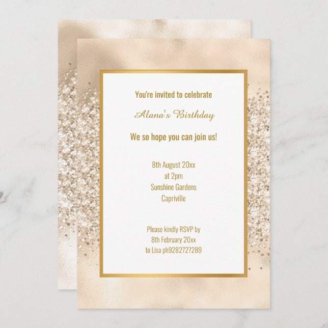 LUXE CHAMPAGNE GLITTER BIRTHDAY  INVITATION (Front/Back)