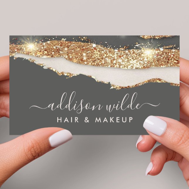 Luxe Charcoal Grey And Gold Glitter Trendy Script Business Card (Creator Uploaded)
