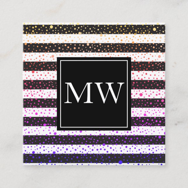 Luxe Colourful Spots Monogram Black White Stripes Square Business Card (Front)