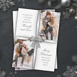 Luxe Couple Photo Silver and White Christmas Holiday Card